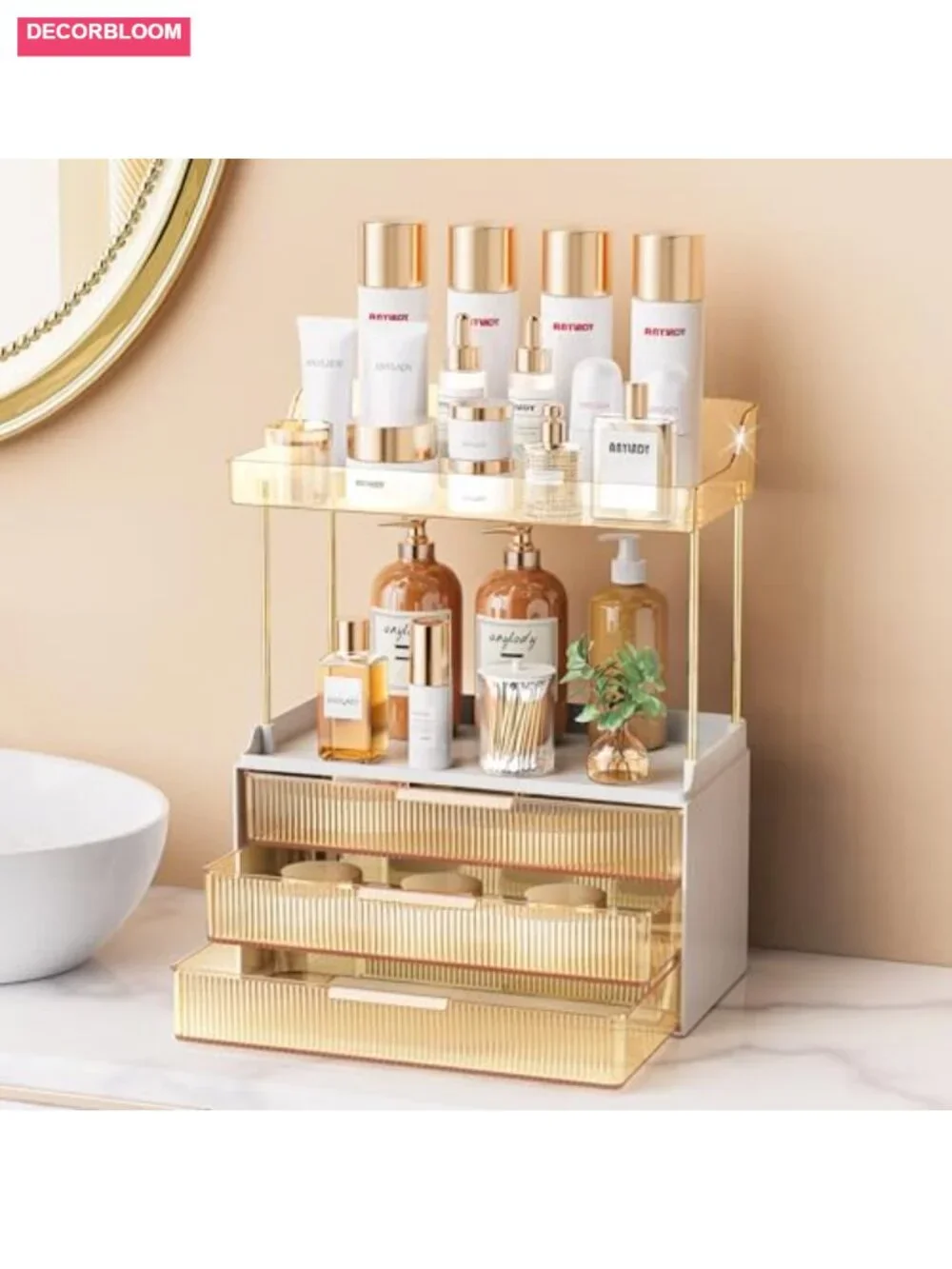 Multi-Tier Makeup Organizer with Drawers, Steel Frame, 50 lbs Capacity